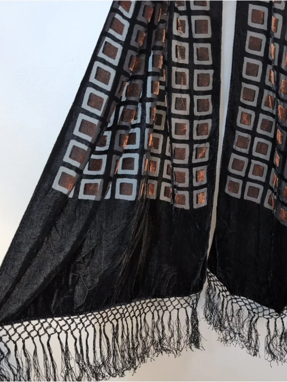Vintage Y2K Silk Blend Burnout Velvet Scarf Fringe Geo Black Copper Luxe Wrap